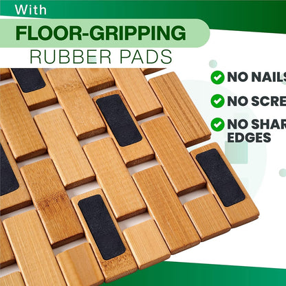 Natural Bamboo Wood Bath Mat with Non-Slip Rubber Pads – Foldable Wooden Floor Mat-Toppalletfly