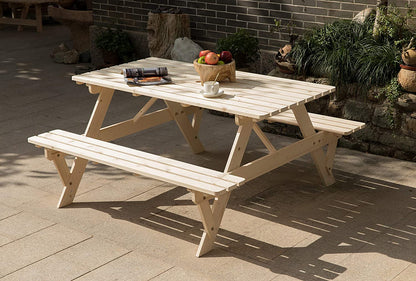 Natural Outdoor Wooden Patio Deck 6-Person Picnic Table, for Backyard, Garden-Toppalletfly