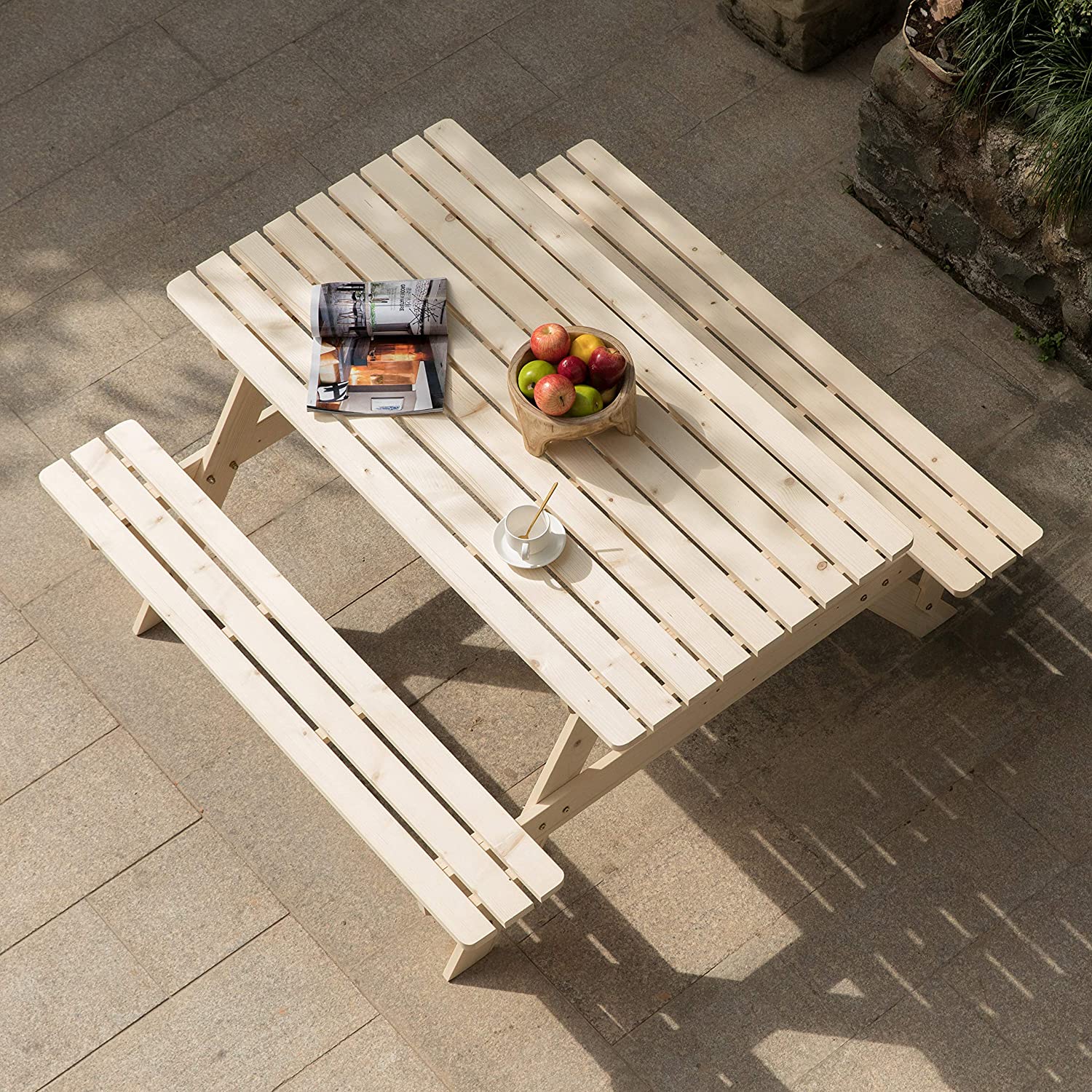 Natural Outdoor Wooden Patio Deck 6-Person Picnic Table, for Backyard, Garden-Toppalletfly
