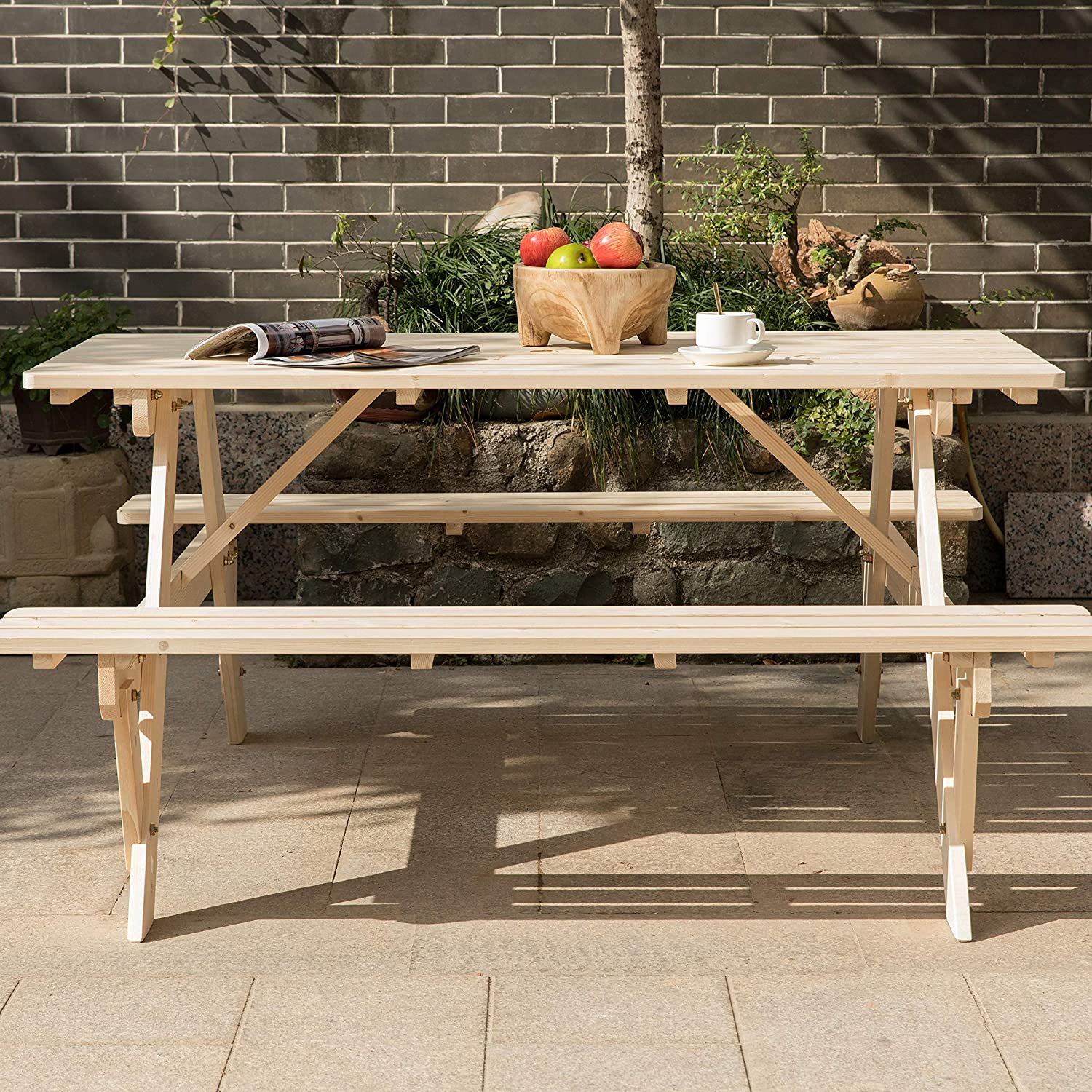 Natural Outdoor Wooden Patio Deck 6-Person Picnic Table, for Backyard, Garden-Toppalletfly