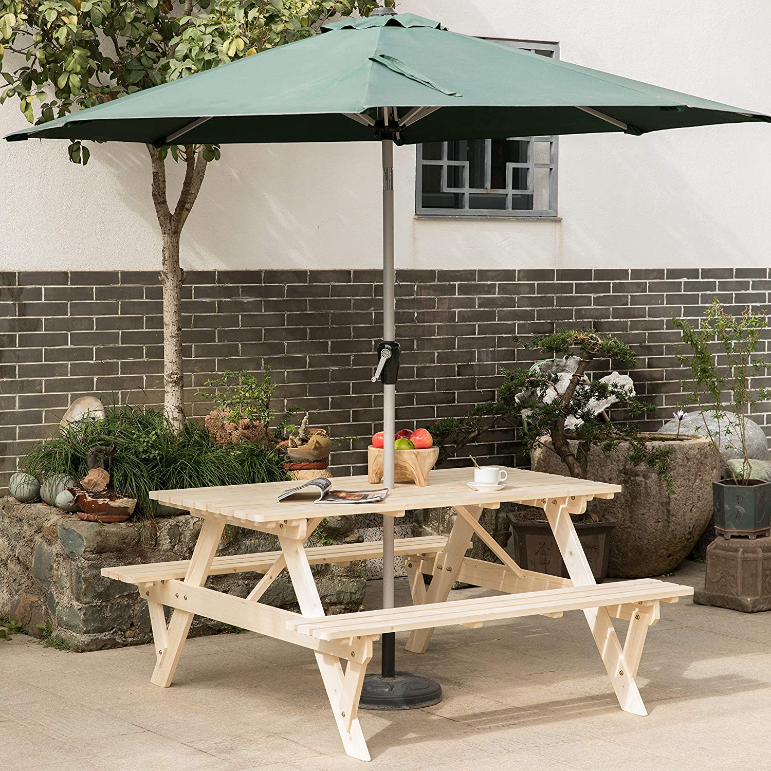 Natural Outdoor Wooden Patio Deck 6-Person Picnic Table, for Backyard, Garden-Toppalletfly