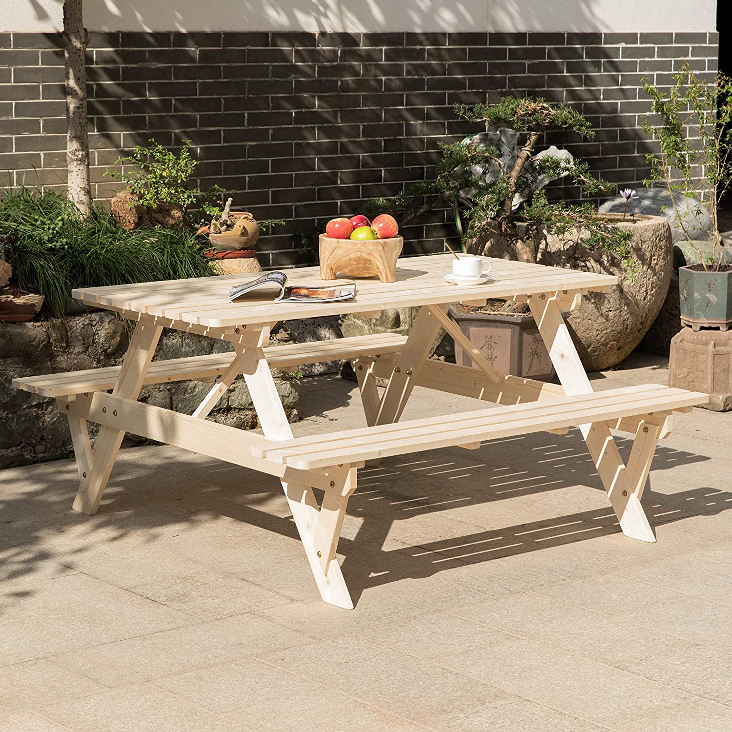 Natural Outdoor Wooden Patio Deck 6-Person Picnic Table, for Backyard, Garden-Toppalletfly