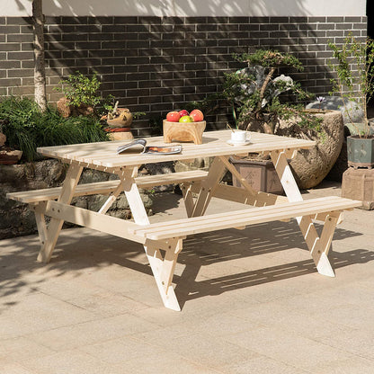 Natural Outdoor Wooden Patio Deck 6-Person Picnic Table, for Backyard, Garden-Toppalletfly