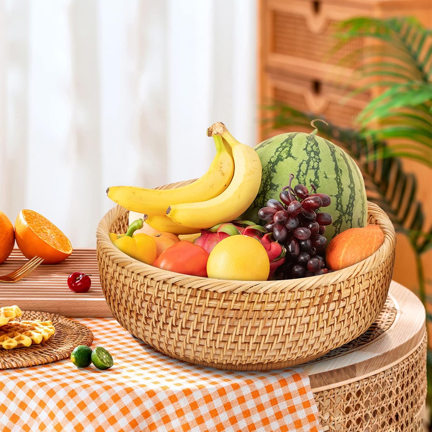 Natural Rattan Fruit Basket Bowls, Hand Woven Decor Serving Baskets-Toppalletfly