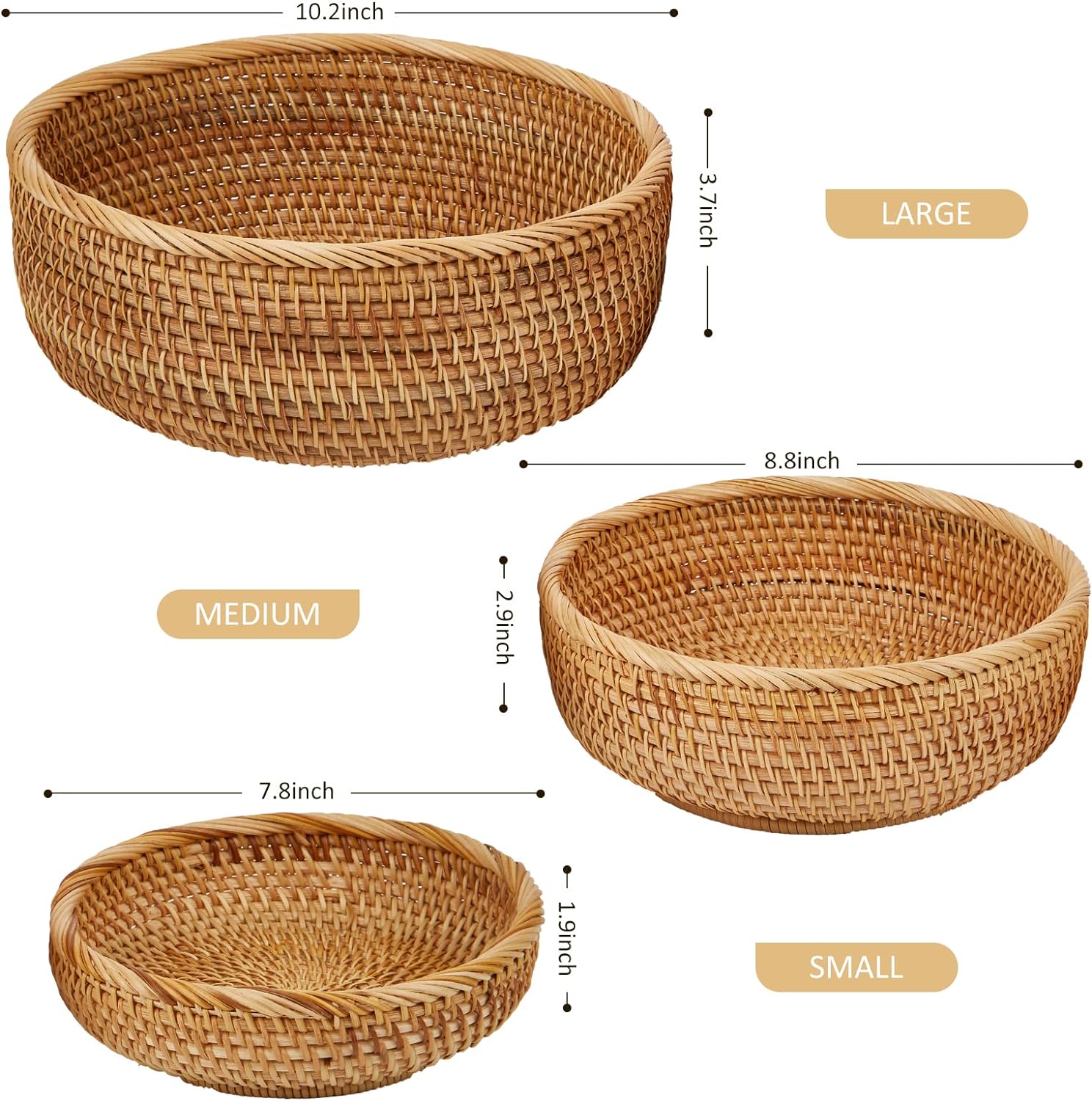 Natural Rattan Fruit Basket Bowls, Hand Woven Decor Serving Baskets-Toppalletfly