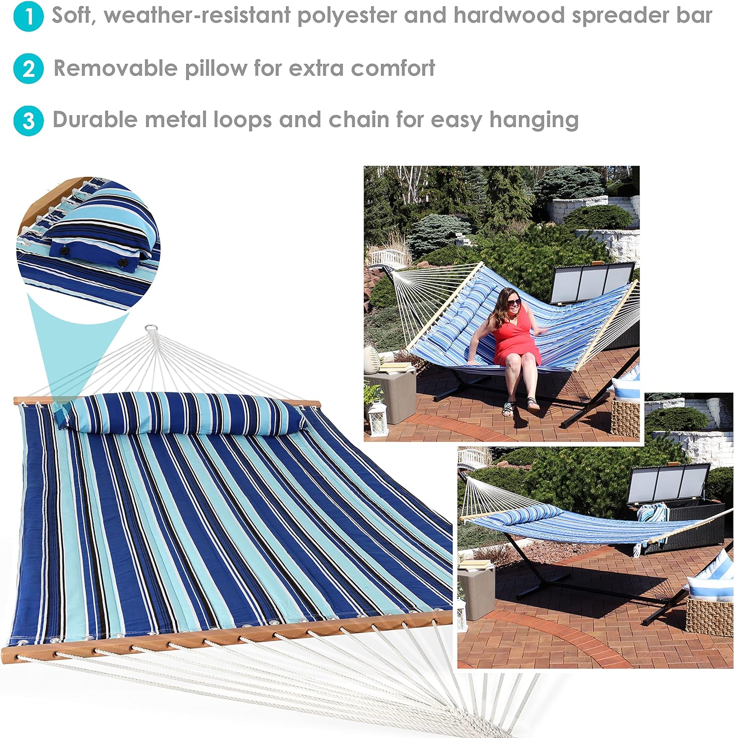 Outdoor Quilted Fabric Hammock - Two-Person with Spreader Bars - Heavy-Duty 450-Pound Capacity-Toppalletfly