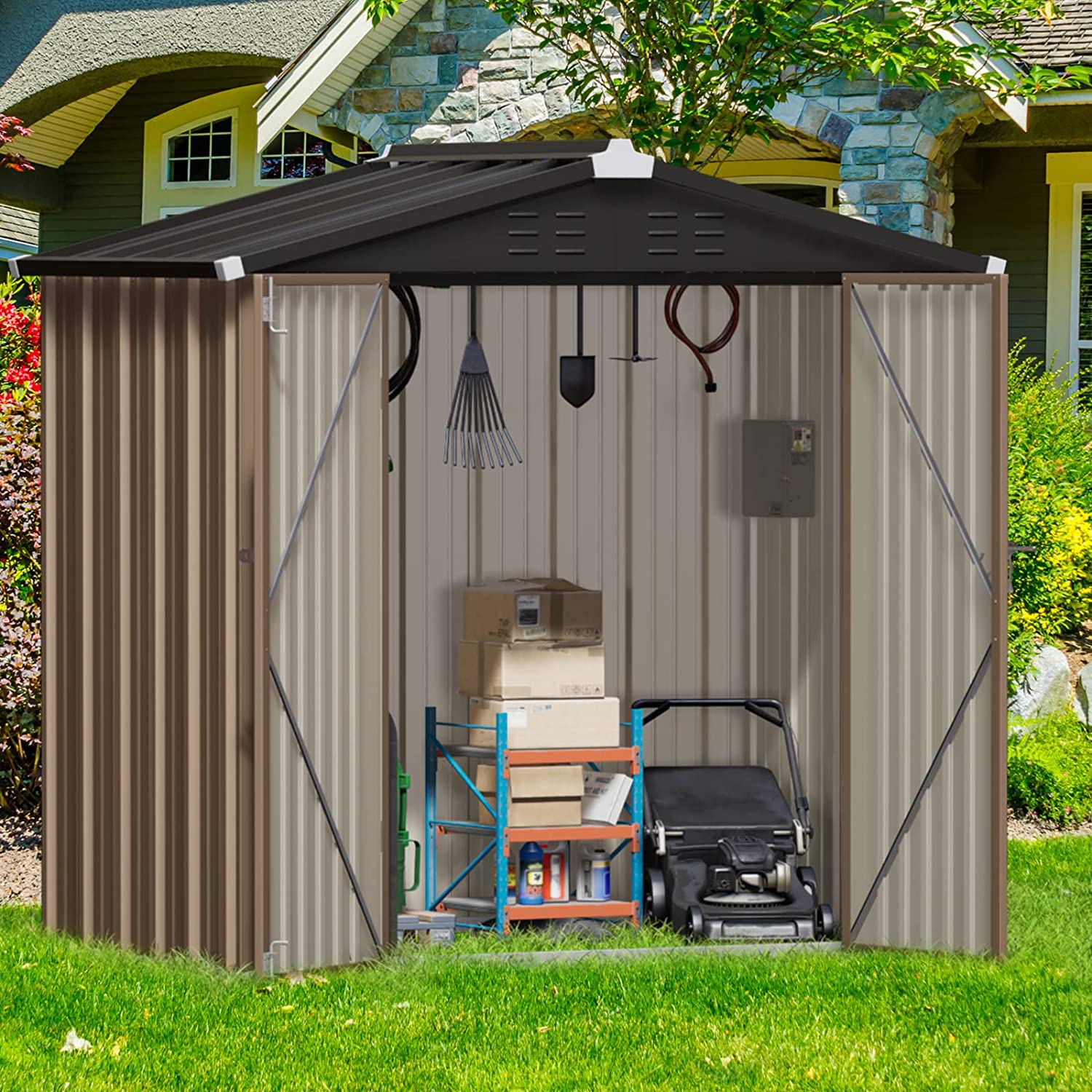 Outdoor Storage Shed, Galvanized Steel with Lockable Door-Toppalletfly