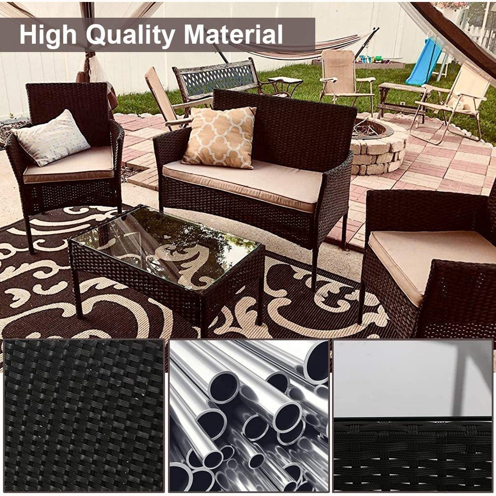 4-Piece Outdoor Patio Furniture Set with PE Rattan Chairs and Tempered Glass Table-Toppalletfly