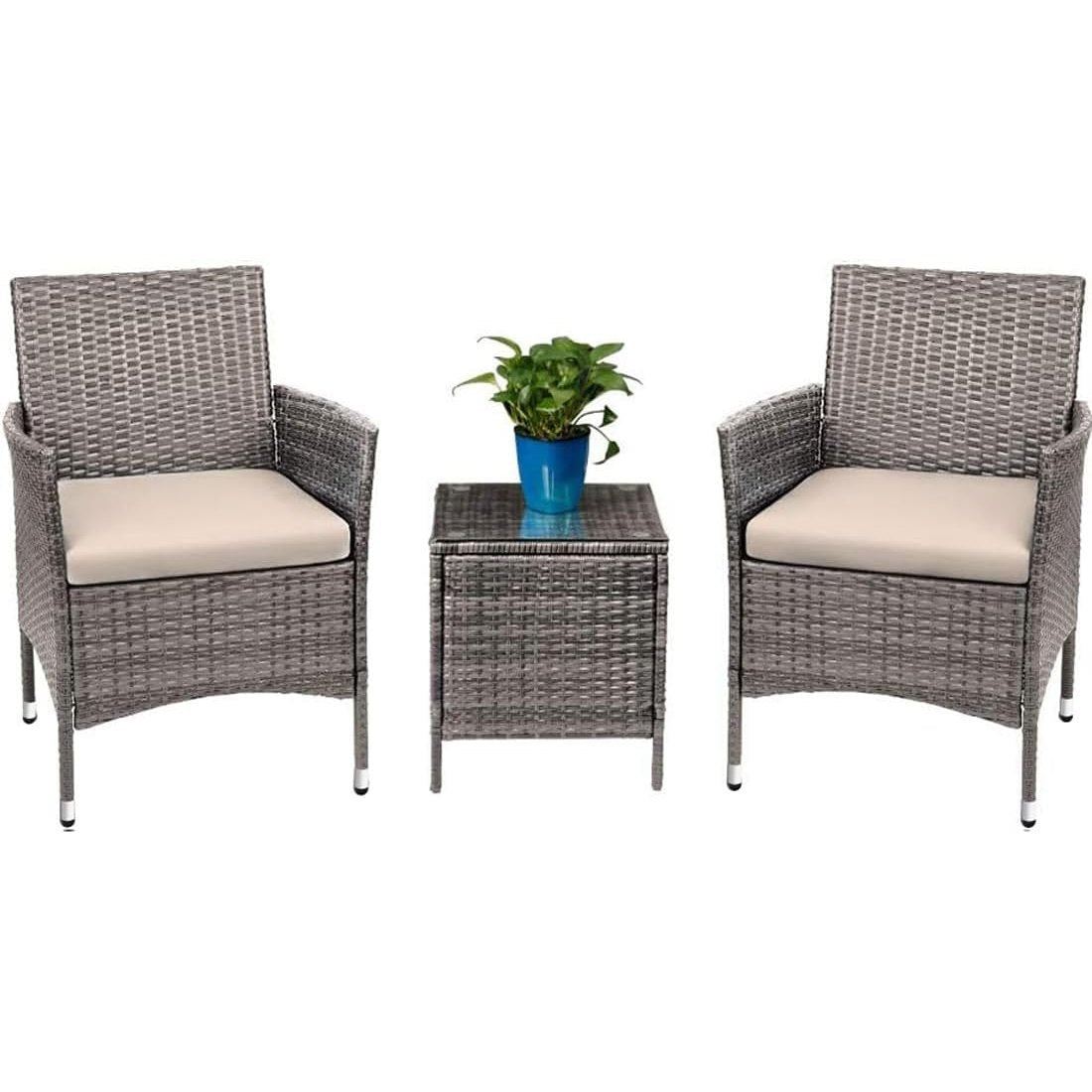 3-Piece Patio Porch Furniture Set with PE Rattan Wicker Chairs and Glass Table-Toppalletfly