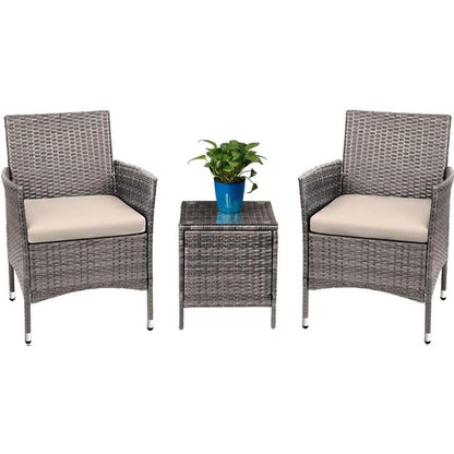 3-Piece Patio Porch Furniture Set with PE Rattan Wicker Chairs and Glass Table-Toppalletfly