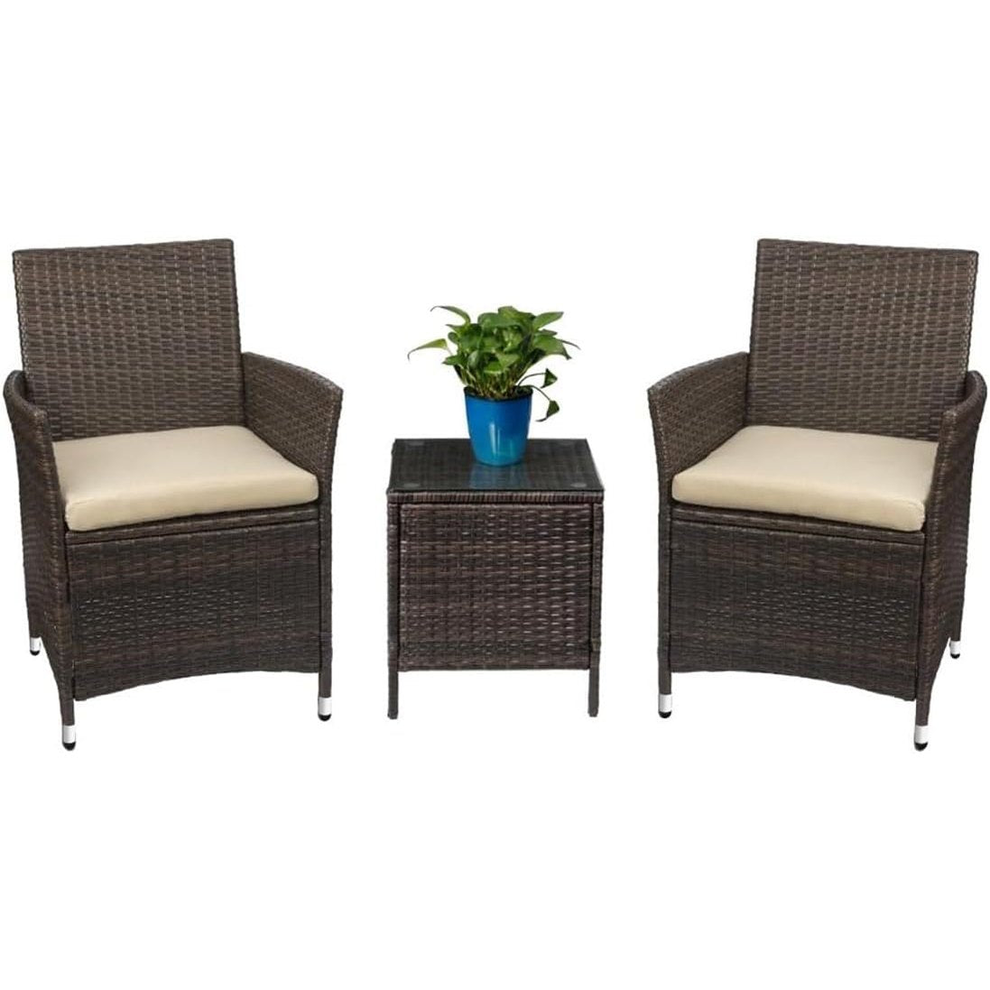 3-Piece Patio Porch Furniture Set with PE Rattan Wicker Chairs and Glass Table-Toppalletfly