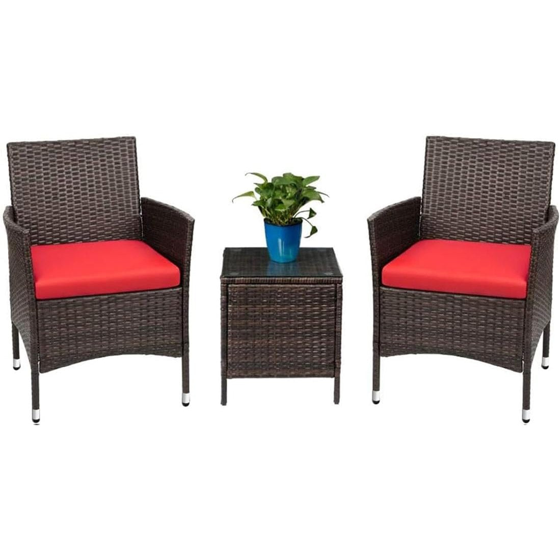 3-Piece Patio Porch Furniture Set with PE Rattan Wicker Chairs and Glass Table-Toppalletfly