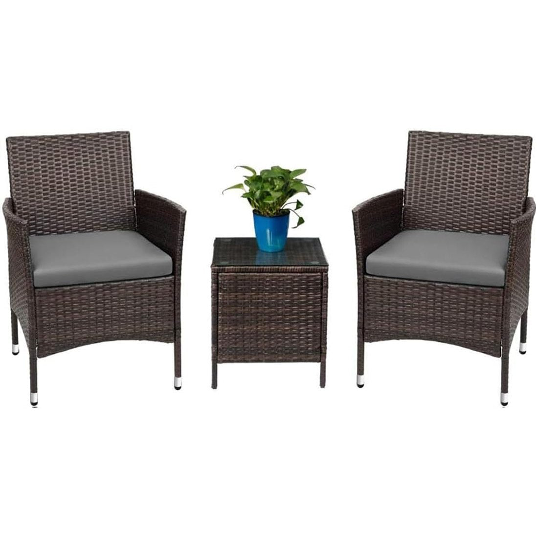 3-Piece Patio Porch Furniture Set with PE Rattan Wicker Chairs and Glass Table-Toppalletfly