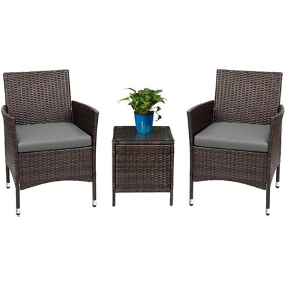 3-Piece Patio Porch Furniture Set with PE Rattan Wicker Chairs and Glass Table-Toppalletfly