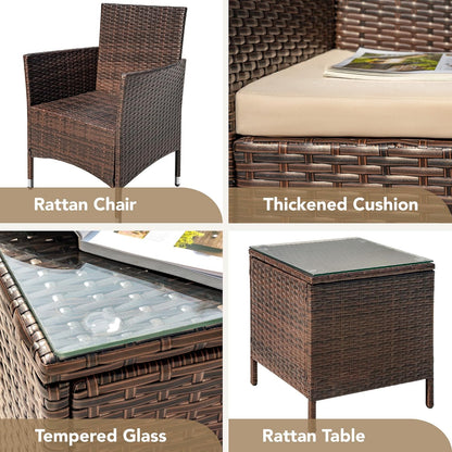 3-Piece Patio Porch Furniture Set with PE Rattan Wicker Chairs and Glass Table-Toppalletfly