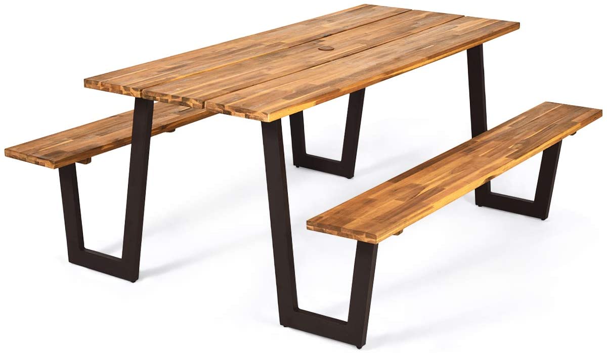 Picnic Table Bench Set with Umbrella Hole, Outdoor Dining Table Set, 70” Acacia Wood Picnic Beer Table with Metal Frame-Toppalletfly
