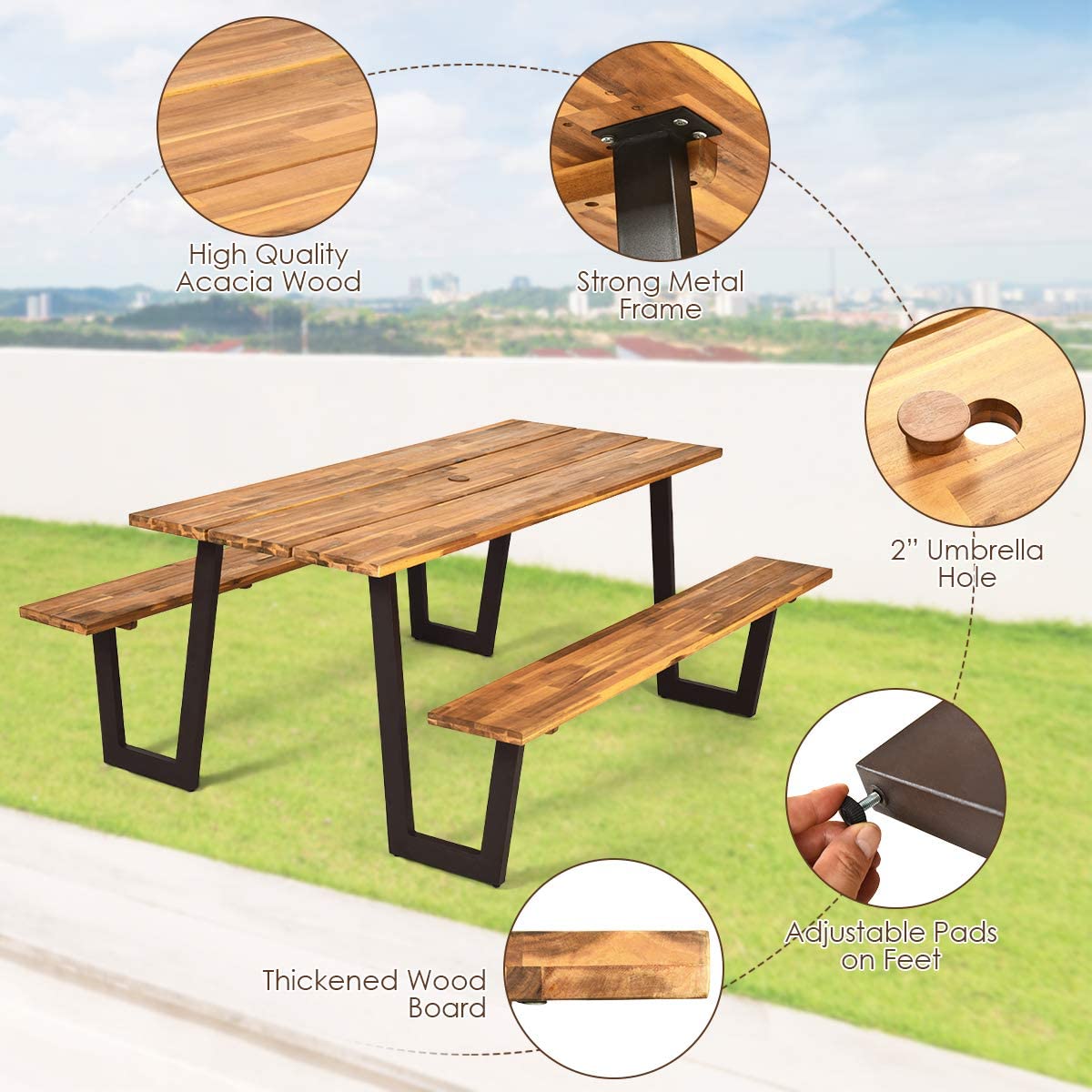 Picnic Table Bench Set with Umbrella Hole, Outdoor Dining Table Set, 70” Acacia Wood Picnic Beer Table with Metal Frame-Toppalletfly