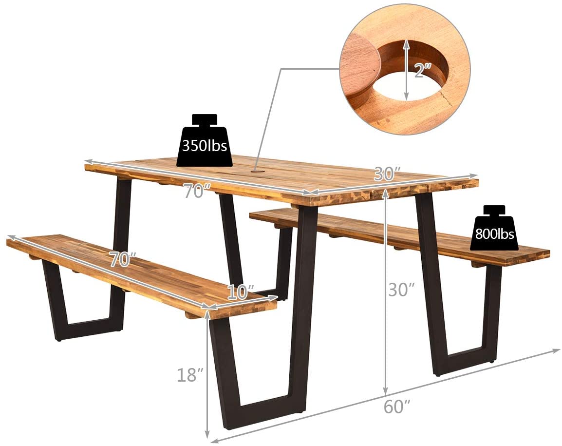 Picnic Table Bench Set with Umbrella Hole, Outdoor Dining Table Set, 70” Acacia Wood Picnic Beer Table with Metal Frame-Toppalletfly
