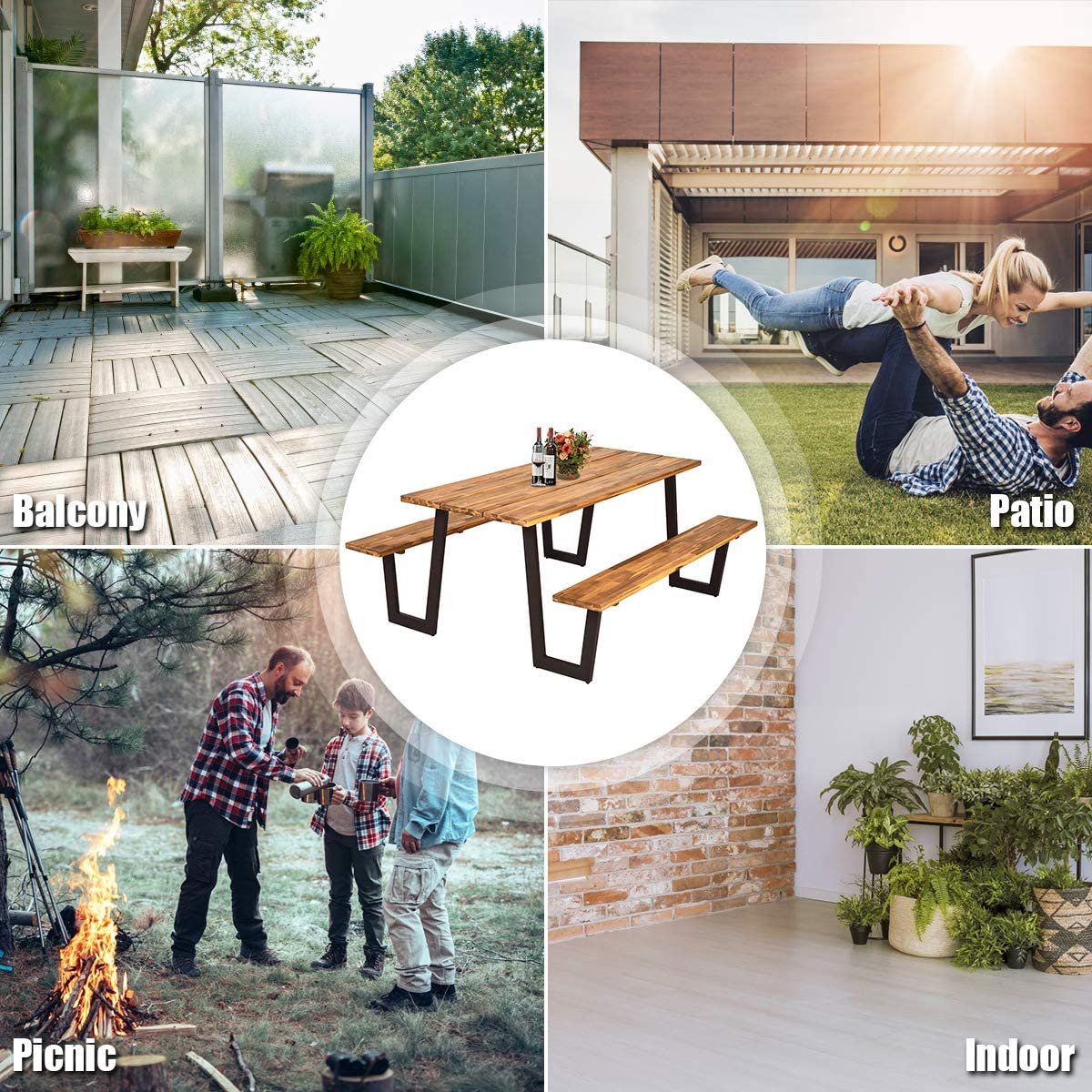 Picnic Table Bench Set with Umbrella Hole, Outdoor Dining Table Set, 70” Acacia Wood Picnic Beer Table with Metal Frame-Toppalletfly