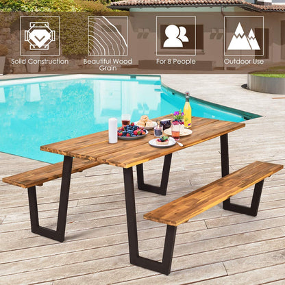 Picnic Table Bench Set with Umbrella Hole, Outdoor Dining Table Set, 70” Acacia Wood Picnic Beer Table with Metal Frame-Toppalletfly
