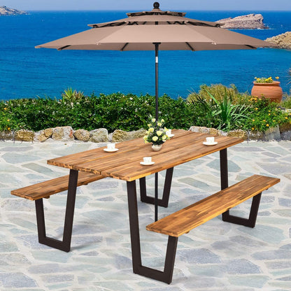 Picnic Table Bench Set with Umbrella Hole, Outdoor Dining Table Set, 70” Acacia Wood Picnic Beer Table with Metal Frame-Toppalletfly