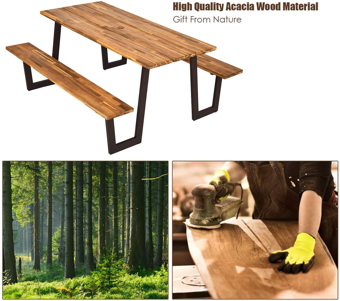 Picnic Table Bench Set with Umbrella Hole, Outdoor Dining Table Set, 70” Acacia Wood Picnic Beer Table with Metal Frame-Toppalletfly