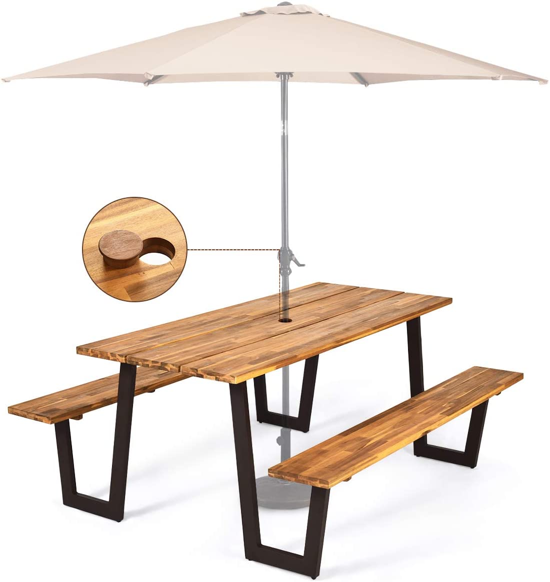 Picnic Table Bench Set with Umbrella Hole, Outdoor Dining Table Set, 70” Acacia Wood Picnic Beer Table with Metal Frame-Toppalletfly