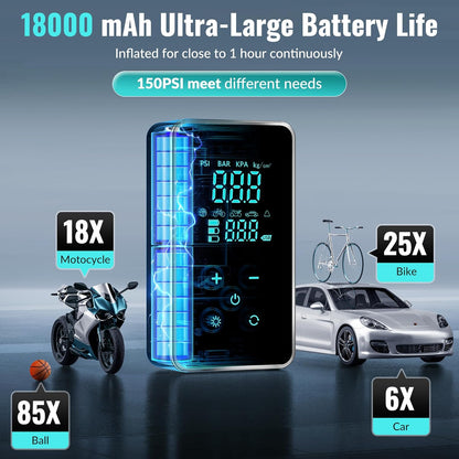 Portable 18000mAh Air Compressor – 150 PSI Tire Pump with Touch Screen for Car, Bike, and More-Toppalletfly