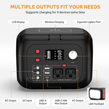 Portable Power Station 300W Power Bank with AC Outlet 228Wh Solar Generator with LED Light 9 Outputs Battery Backup Power Supply-Toppalletfly