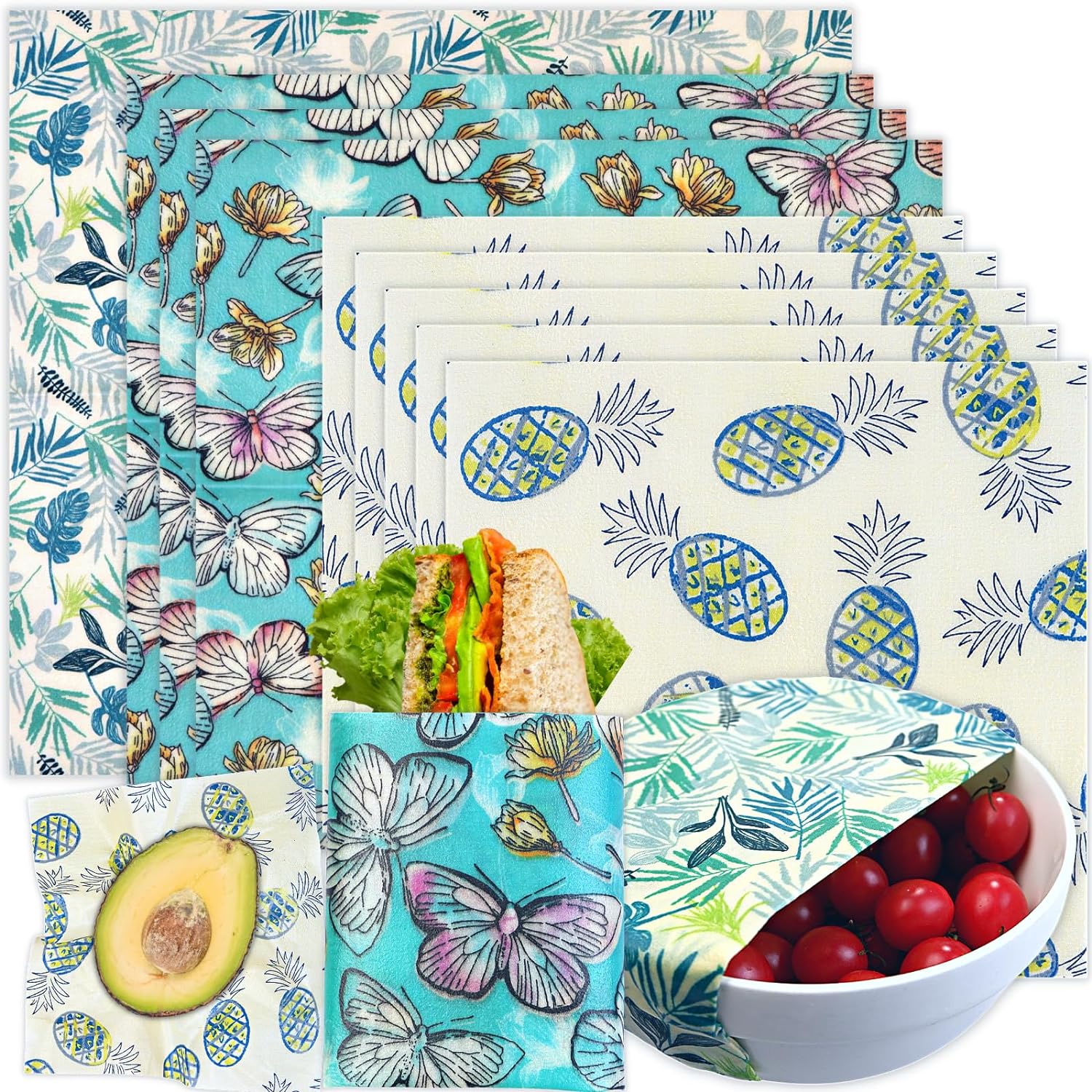 Reusable Beeswax Wrap - 9 Pack Eco - Friendly Food Wraps, Bread Sandwich Wrapper - Organic, Sustainable, Zero Waste, Reusable Plastic - Free - Toppalletfly