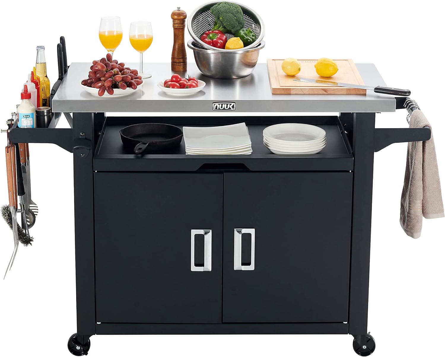 Rolling Prep Station, 20" x 30" Stainless Steel Kitchen Storage Island with Enclosed Cabinet and Storage Drawer-Toppalletfly
