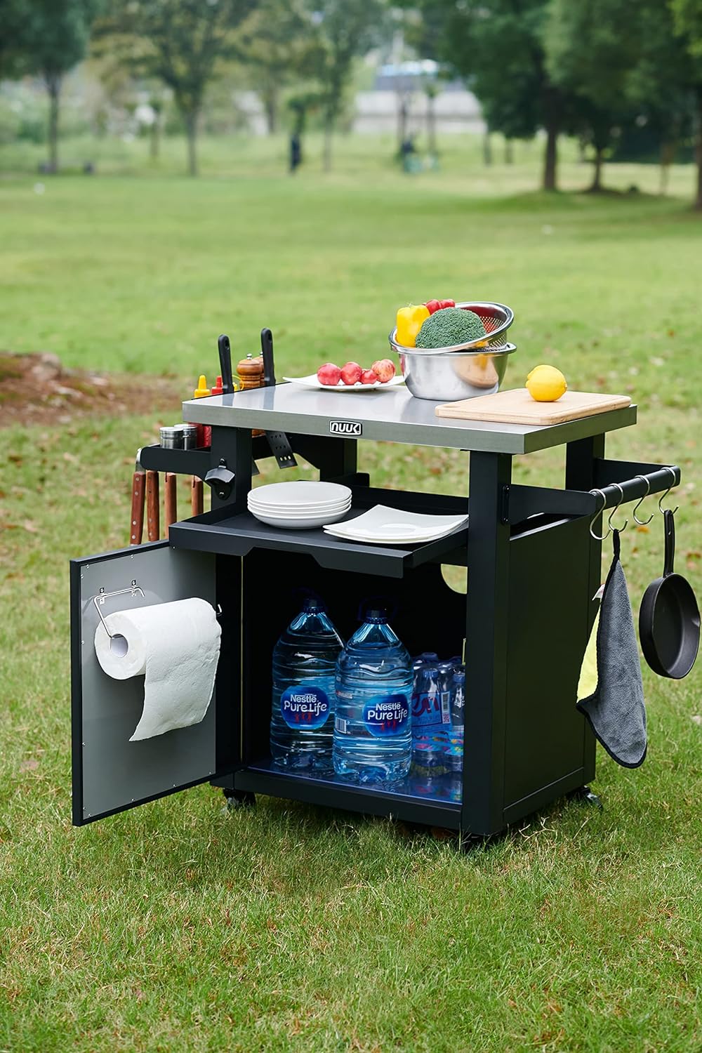 Rolling Prep Station, 20" x 30" Stainless Steel Kitchen Storage Island with Enclosed Cabinet and Storage Drawer-Toppalletfly
