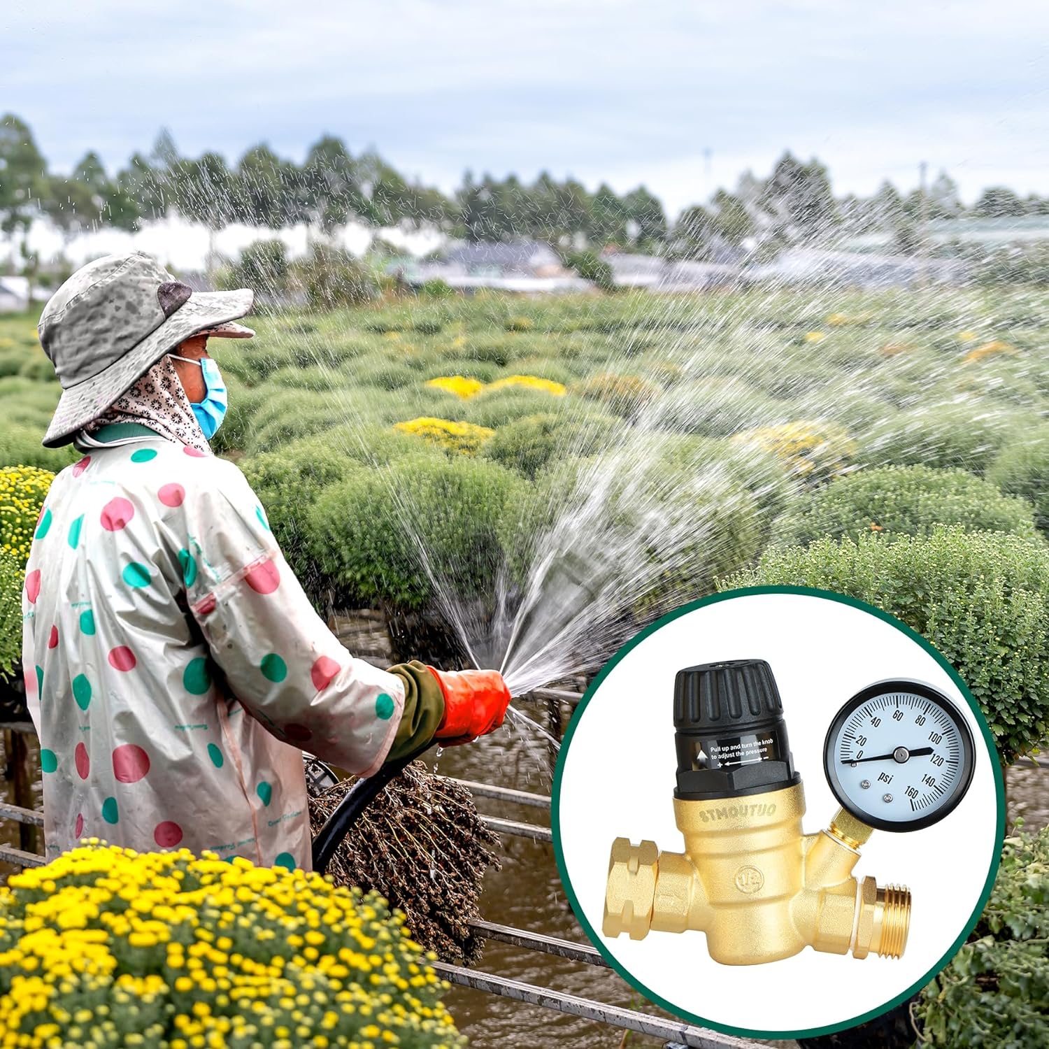 RV Water Pressure Regulator, Adjustable Lead-Free Brass RV Water Pressure Regulator with Gauge and Filter, Includes Pipe Tape-Toppalletfly