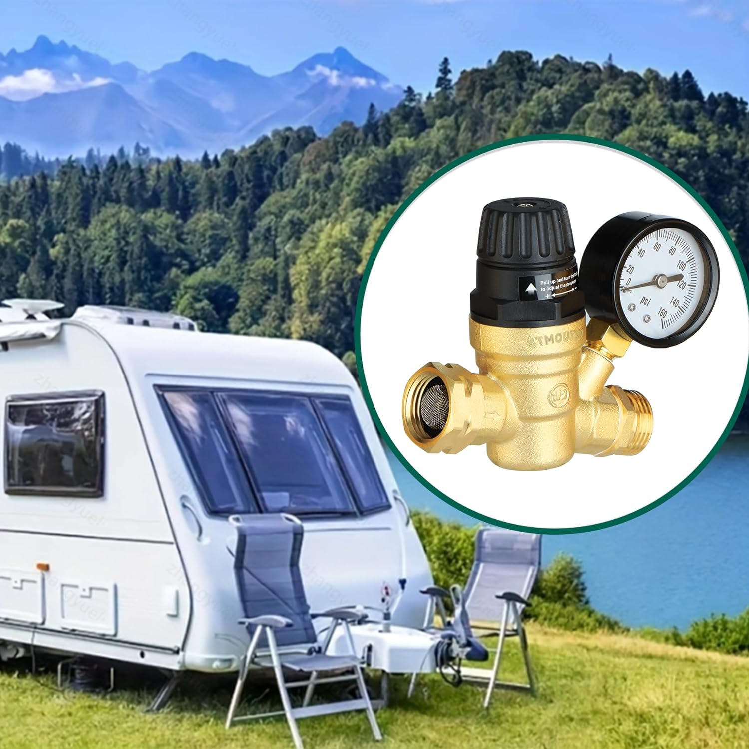 RV Water Pressure Regulator, Adjustable Lead-Free Brass RV Water Pressure Regulator with Gauge and Filter, Includes Pipe Tape-Toppalletfly