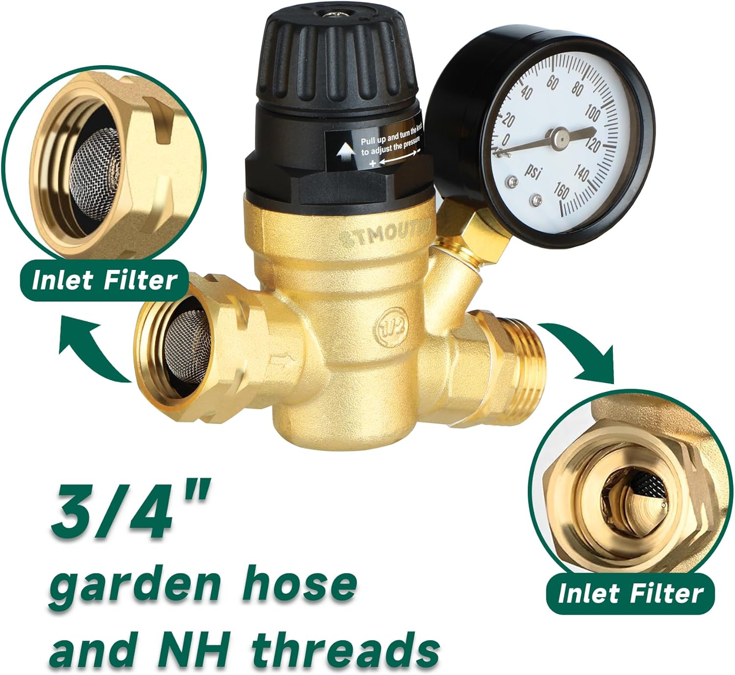 RV Water Pressure Regulator, Adjustable Lead-Free Brass RV Water Pressure Regulator with Gauge and Filter, Includes Pipe Tape-Toppalletfly
