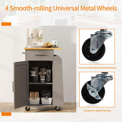 Small Kitchen Island on Wheels with 3-Tier Side Spice Rack and Rubber Wood Top-Toppalletfly