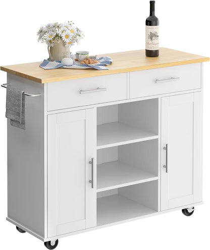 Small Kitchen Island on Wheels with 3-Tier Side Spice Rack and Rubber Wood Top-Toppalletfly