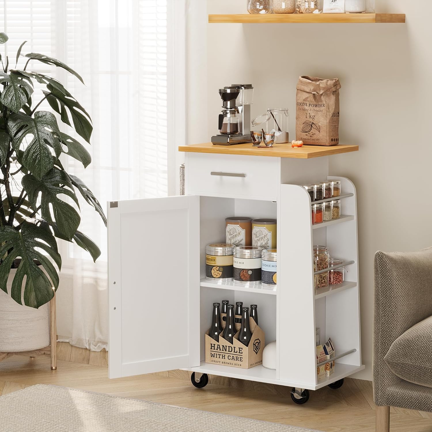Small Kitchen Island on Wheels with 3-Tier Side Spice Rack and Rubber Wood Top-Toppalletfly