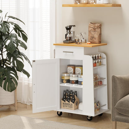 Small Kitchen Island on Wheels with 3-Tier Side Spice Rack and Rubber Wood Top-Toppalletfly