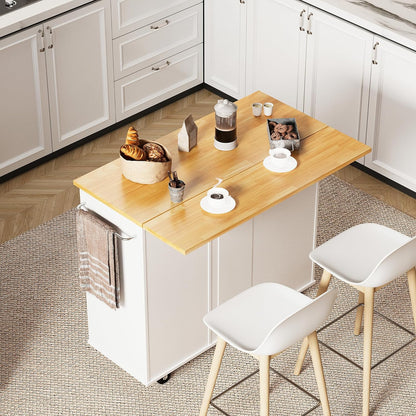 Small Kitchen Island on Wheels with 3-Tier Side Spice Rack and Rubber Wood Top-Toppalletfly