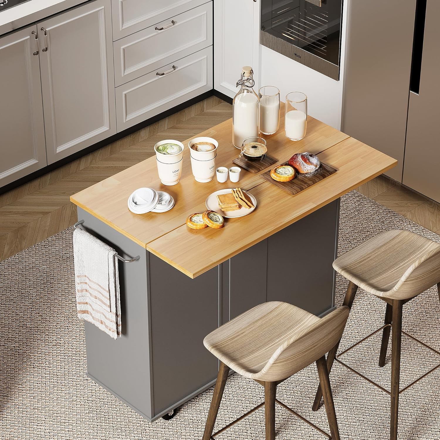 Small Kitchen Island on Wheels with 3-Tier Side Spice Rack and Rubber Wood Top-Toppalletfly