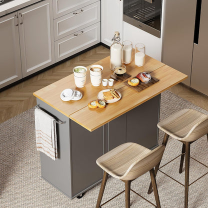 Small Kitchen Island on Wheels with 3-Tier Side Spice Rack and Rubber Wood Top-Toppalletfly