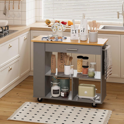 Small Kitchen Island on Wheels with 3-Tier Side Spice Rack and Rubber Wood Top-Toppalletfly