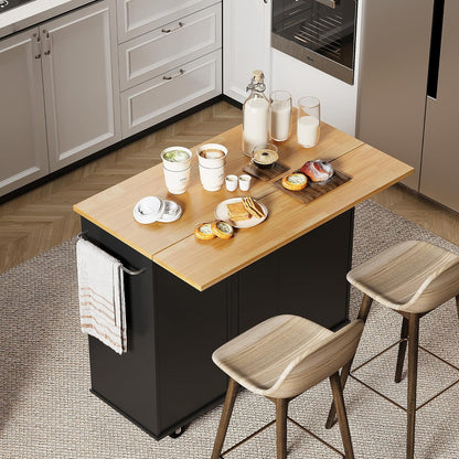 Small Kitchen Island on Wheels with 3-Tier Side Spice Rack and Rubber Wood Top-Toppalletfly