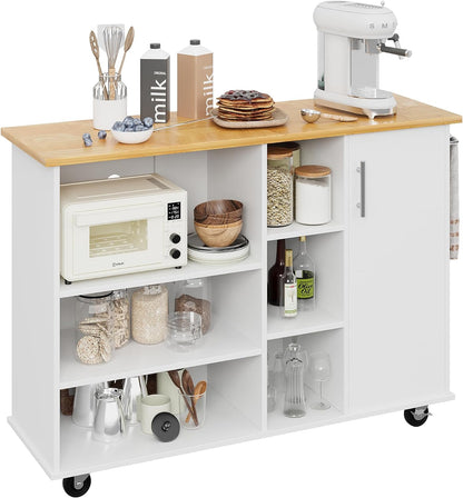 Small Kitchen Island on Wheels with 3-Tier Side Spice Rack and Rubber Wood Top-Toppalletfly