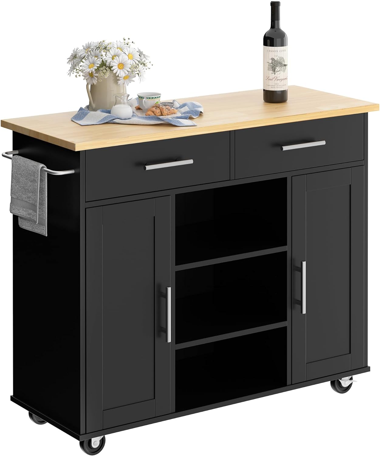 Small Kitchen Island on Wheels with 3-Tier Side Spice Rack and Rubber Wood Top-Toppalletfly