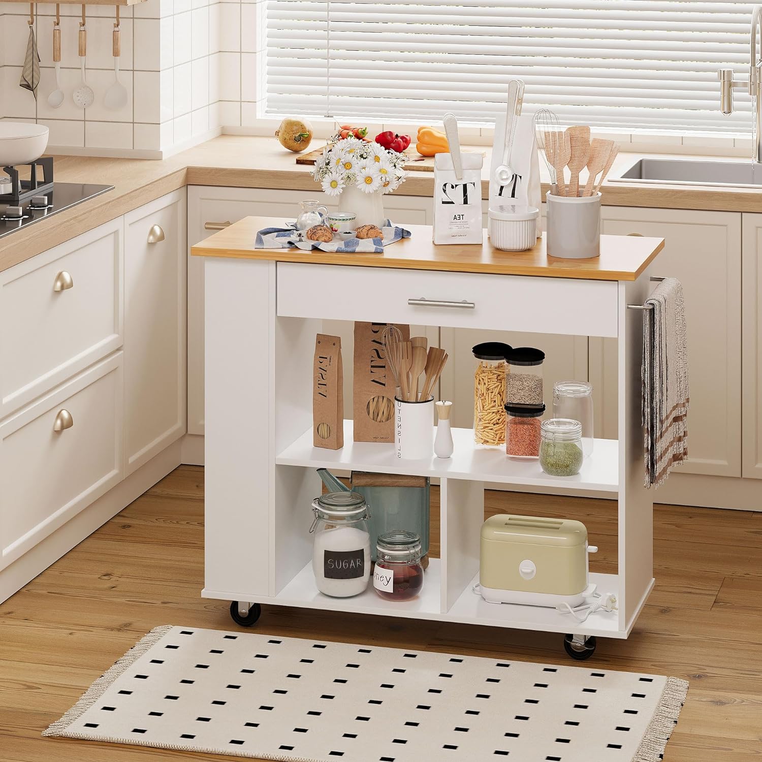 Small Kitchen Island on Wheels with 3-Tier Side Spice Rack and Rubber Wood Top-Toppalletfly
