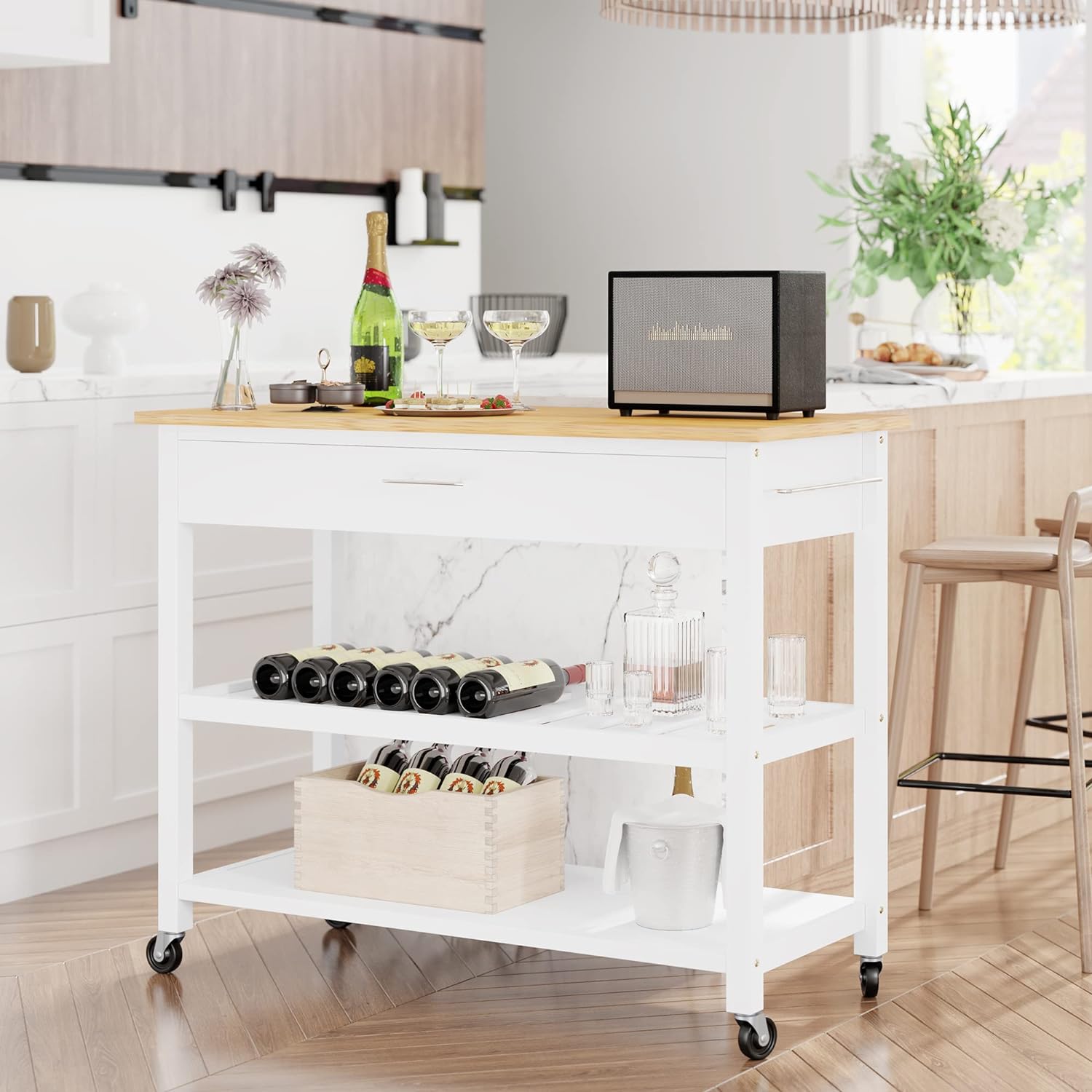 Small Kitchen Island on Wheels with 3-Tier Side Spice Rack and Rubber Wood Top-Toppalletfly