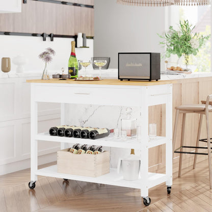 Small Kitchen Island on Wheels with 3-Tier Side Spice Rack and Rubber Wood Top-Toppalletfly