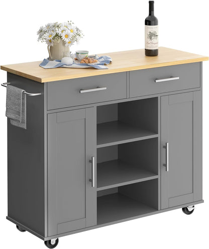 Small Kitchen Island on Wheels with 3-Tier Side Spice Rack and Rubber Wood Top-Toppalletfly